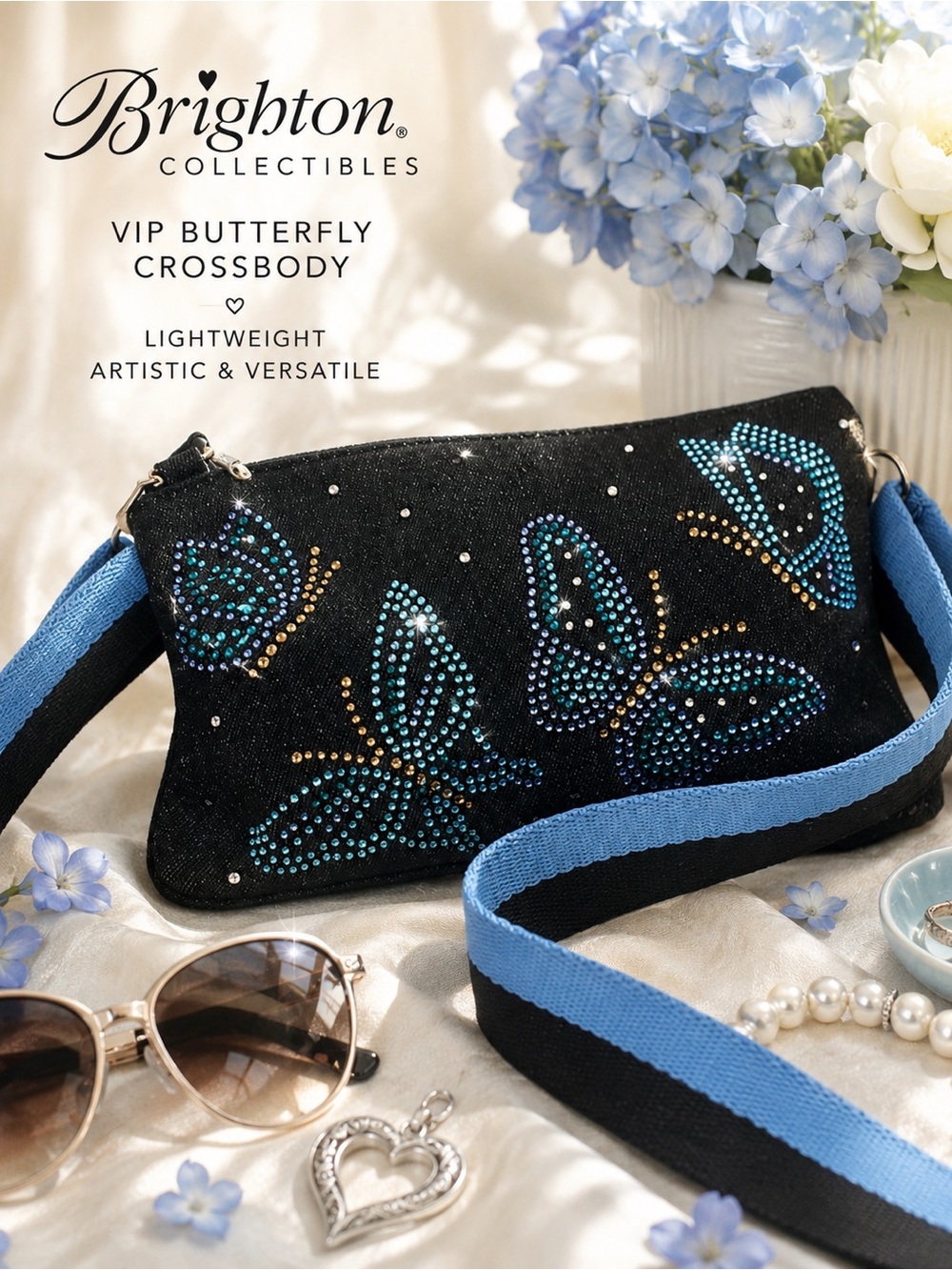 Brighton Embellished VIP Black & Blue Butterfly Denim Crossbody Bag Like NEW